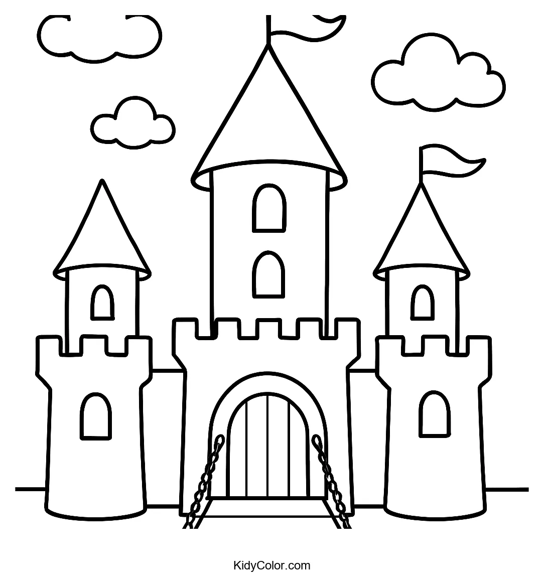 Cartoon castle with tall towers and drawbridge