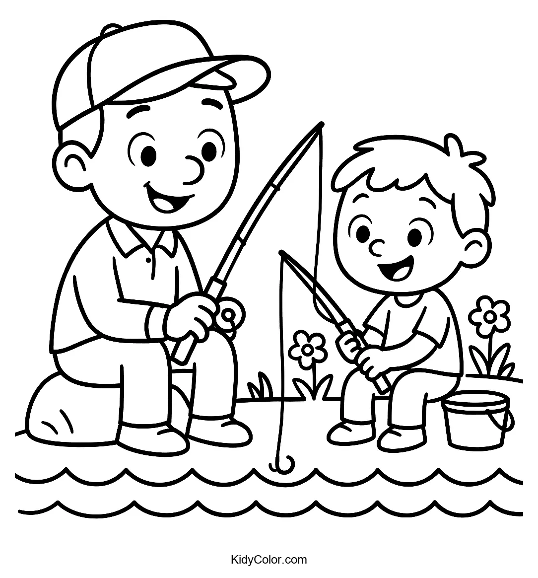 Dad and child fishing cartoon scene