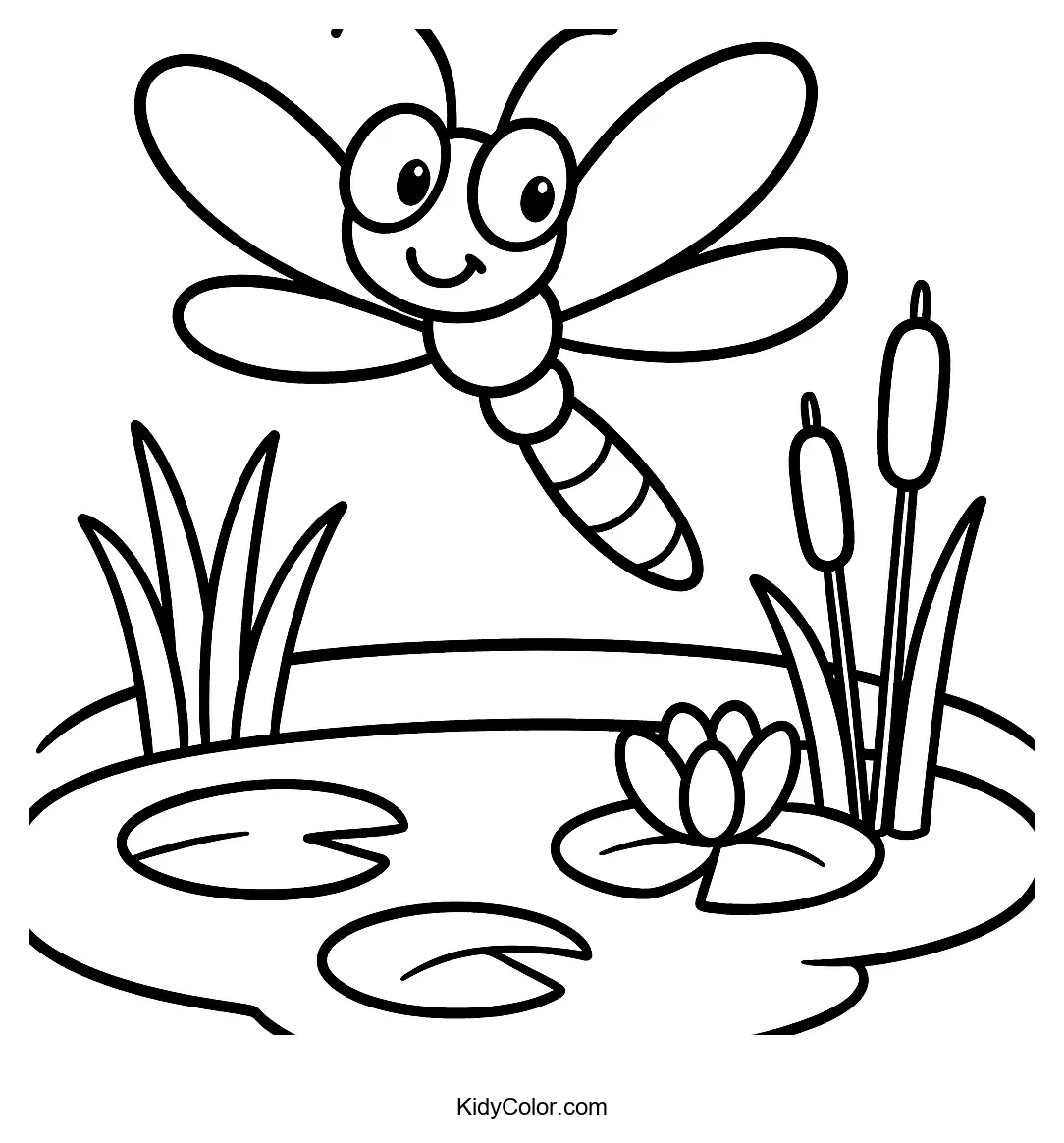 Cartoon dragonfly above a pond