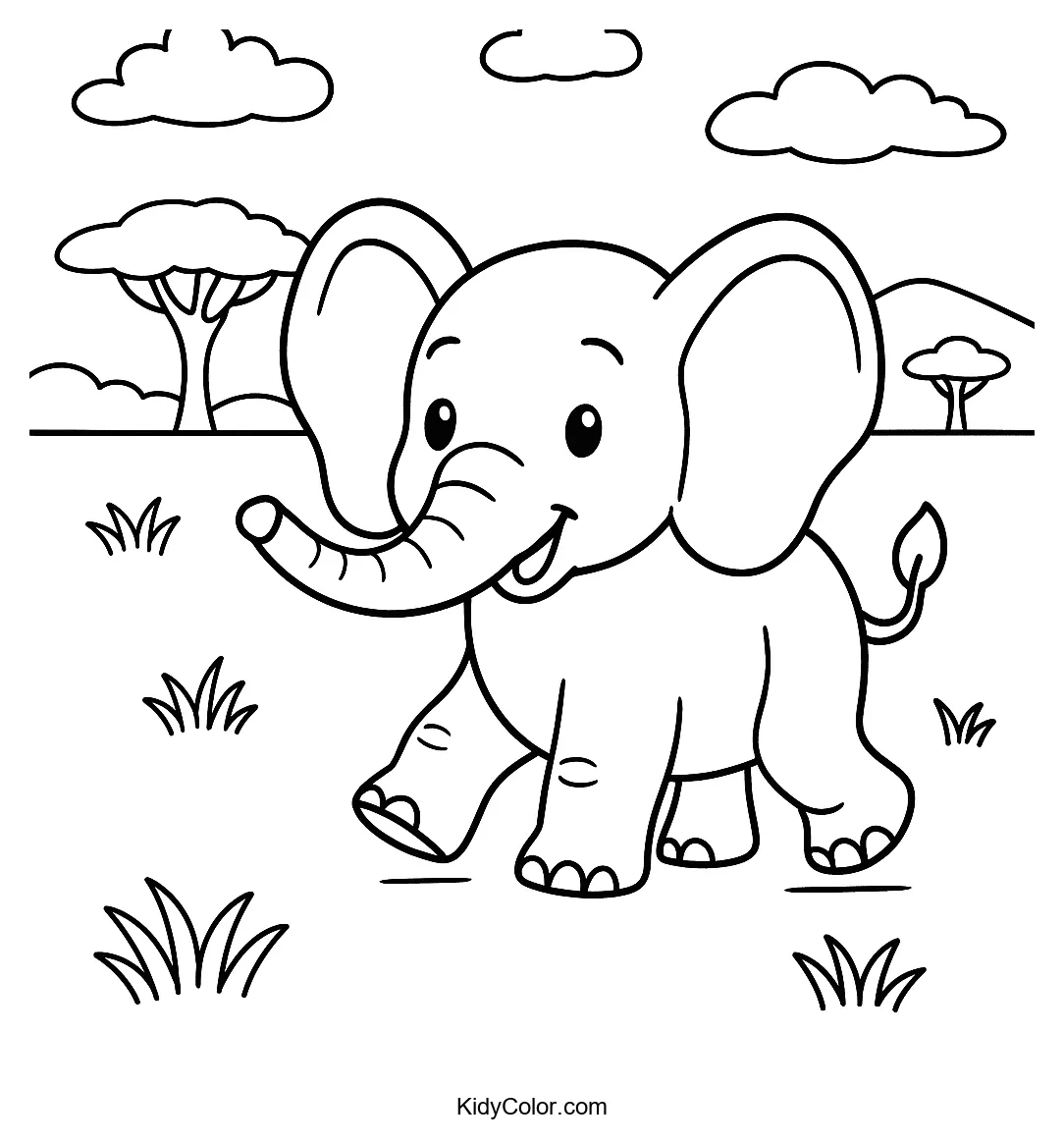 Cartoon elephant walking in the savanna