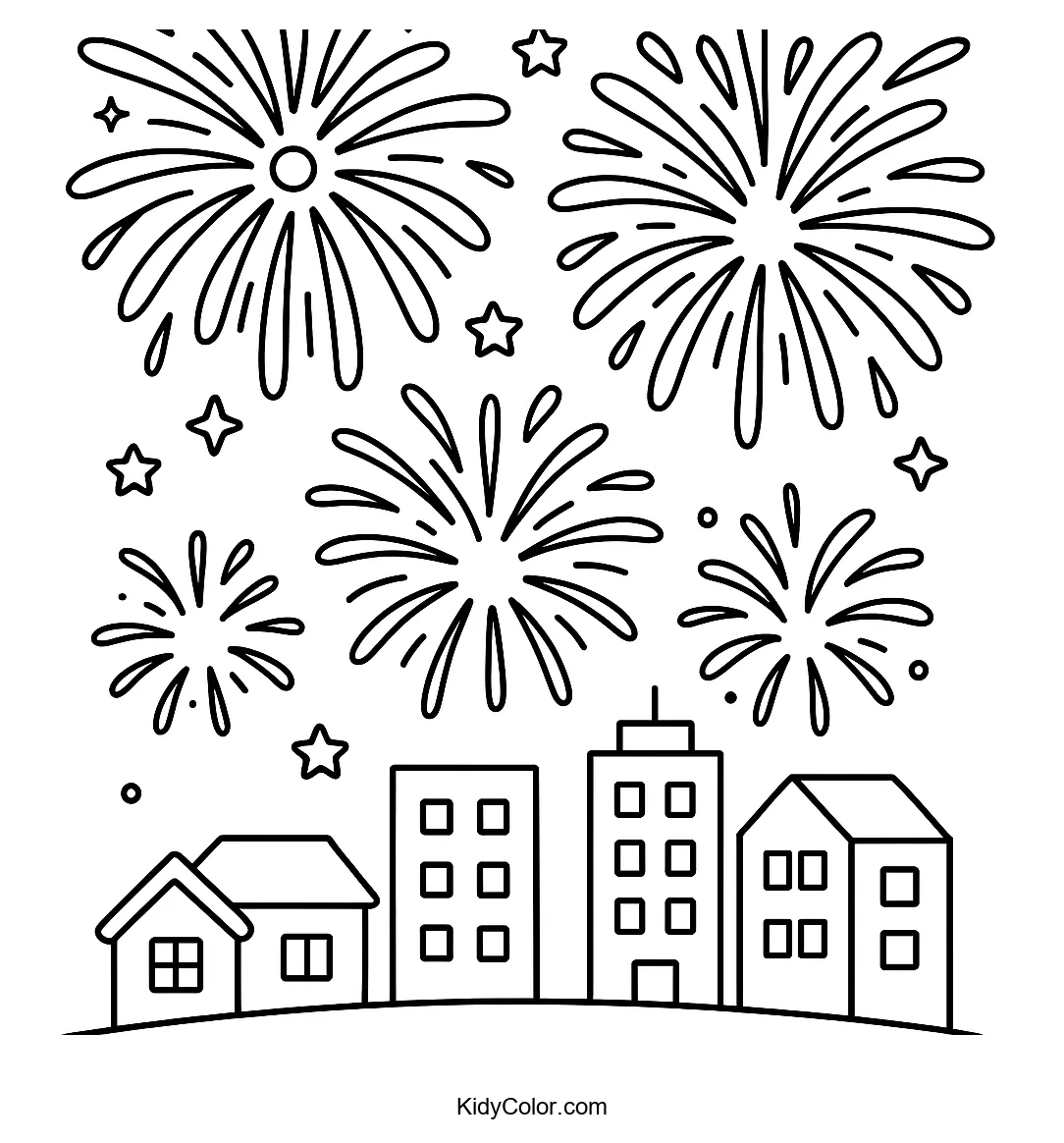 Cartoon fireworks over a city