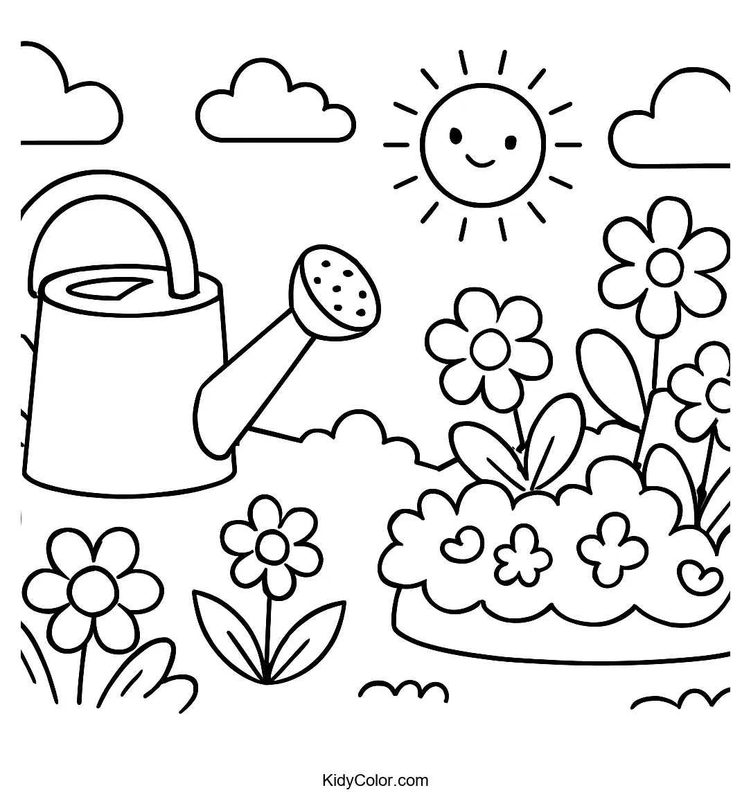 Cartoon garden scene with watering can and flowers