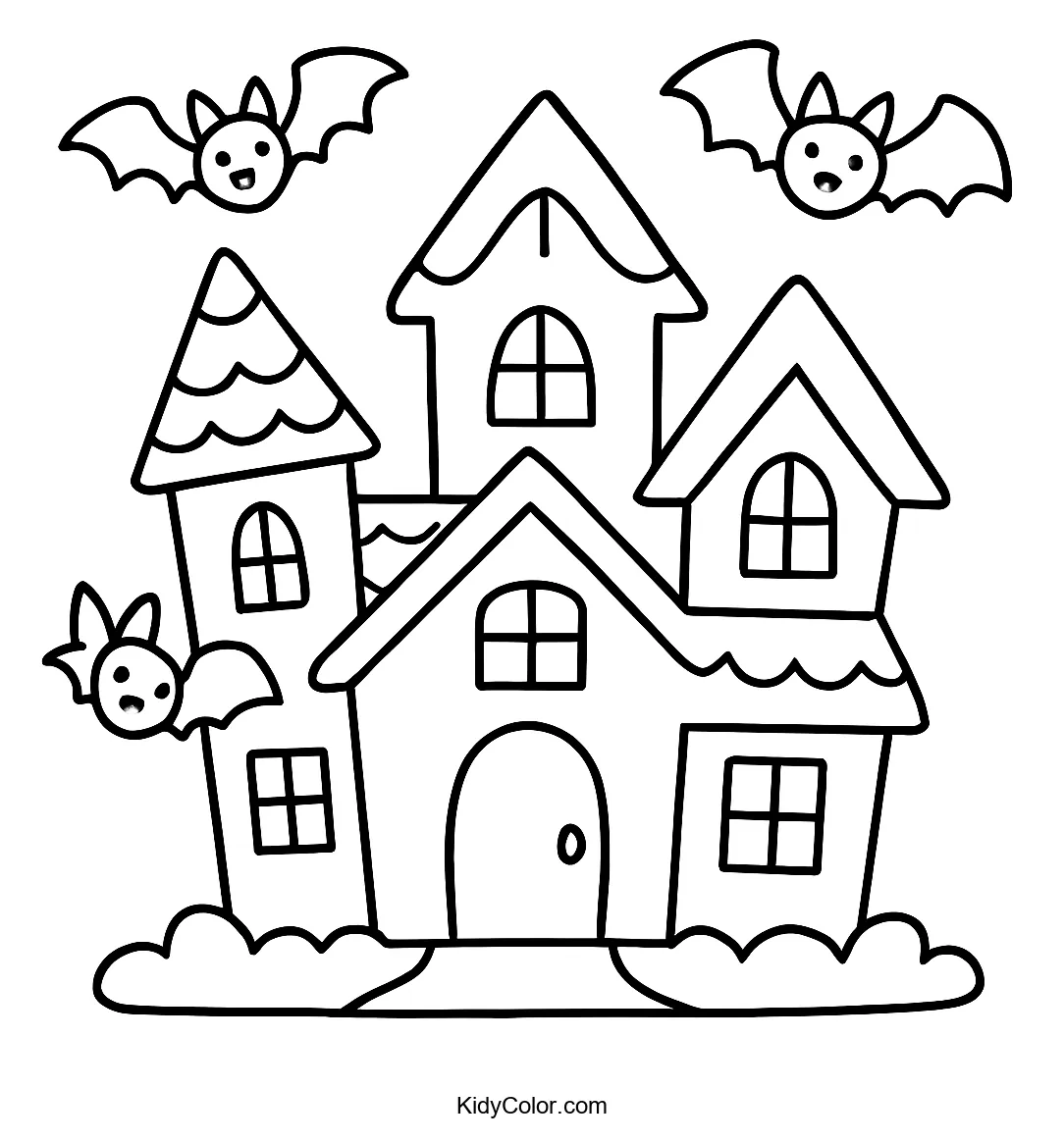 Cartoon haunted house with flying bats