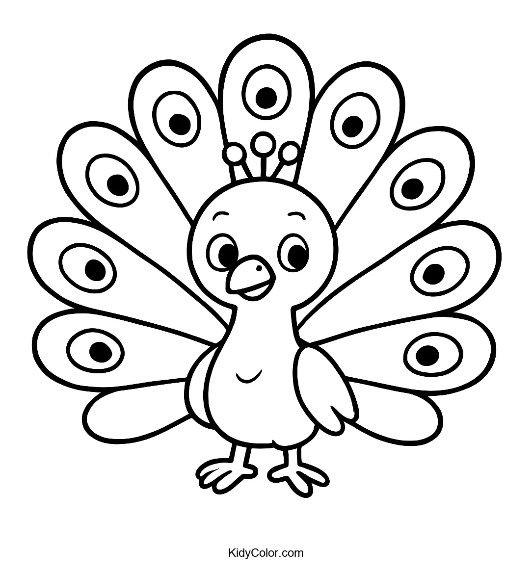 Cartoon peacock with tail feathers spread
