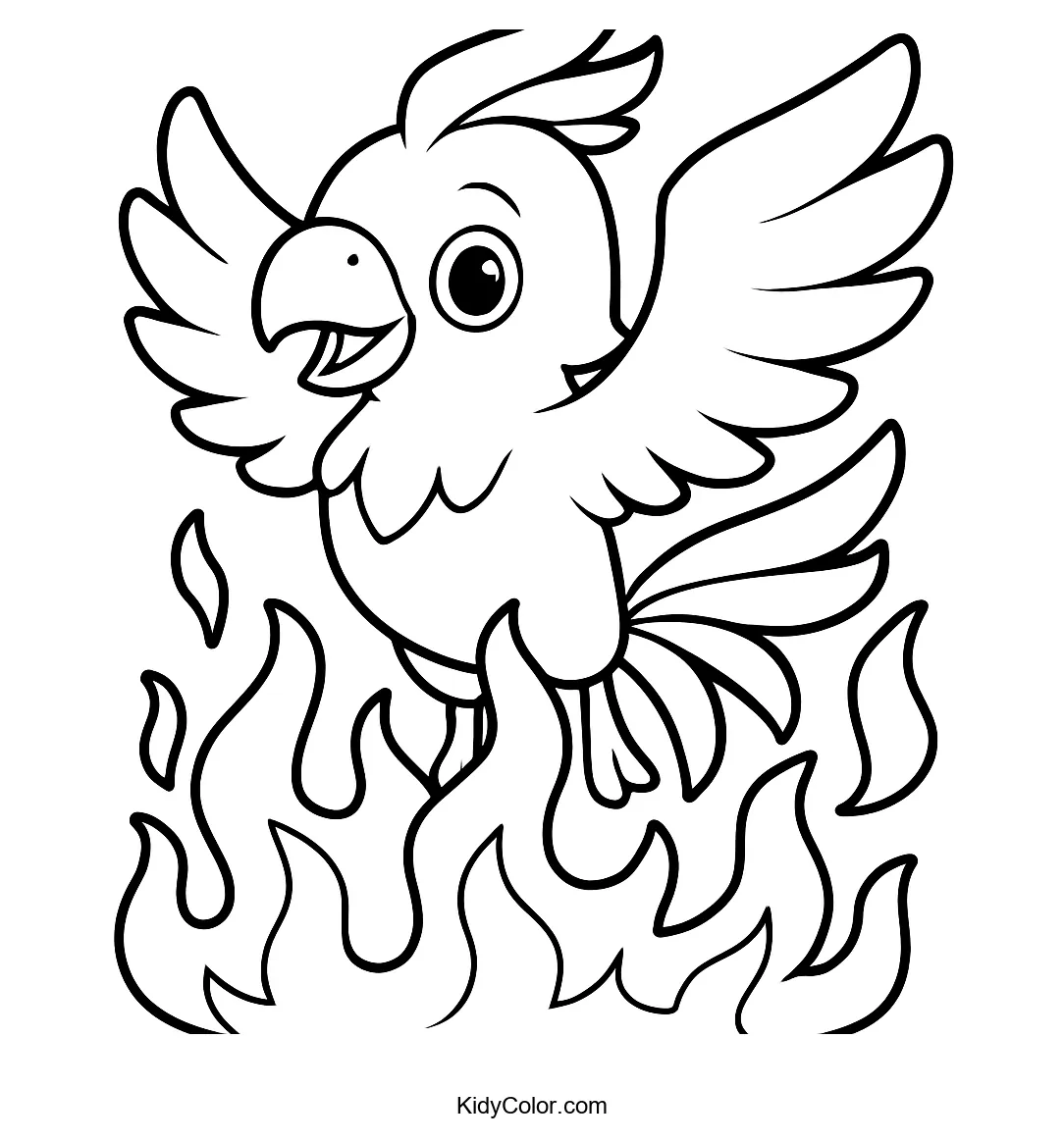 Cartoon phoenix emerging from bright flames