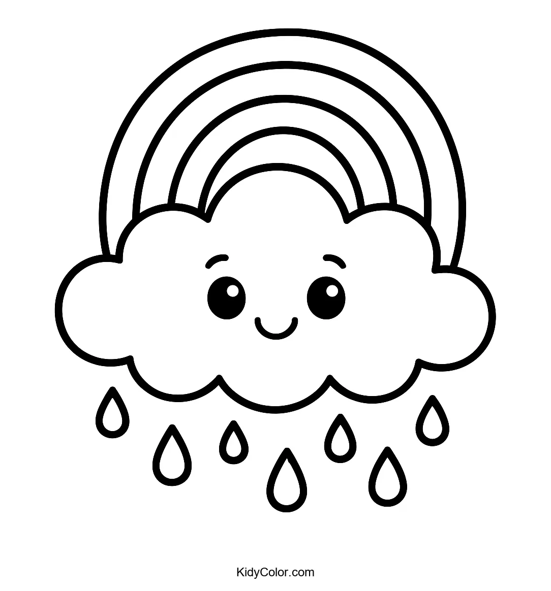 Cartoon rain cloud with rainbow and raindrops