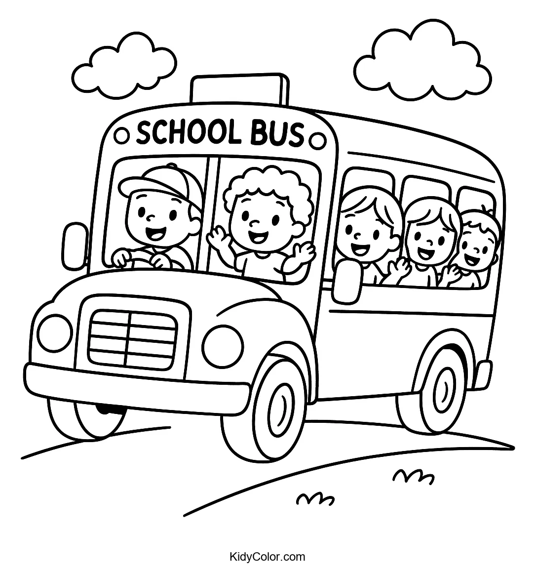 Cartoon school bus with happy children inside