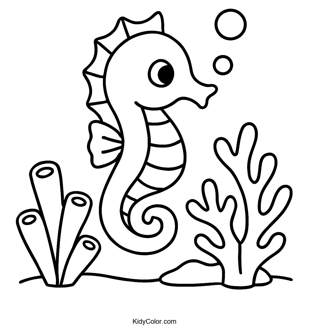 Cartoon seahorse near coral illustration