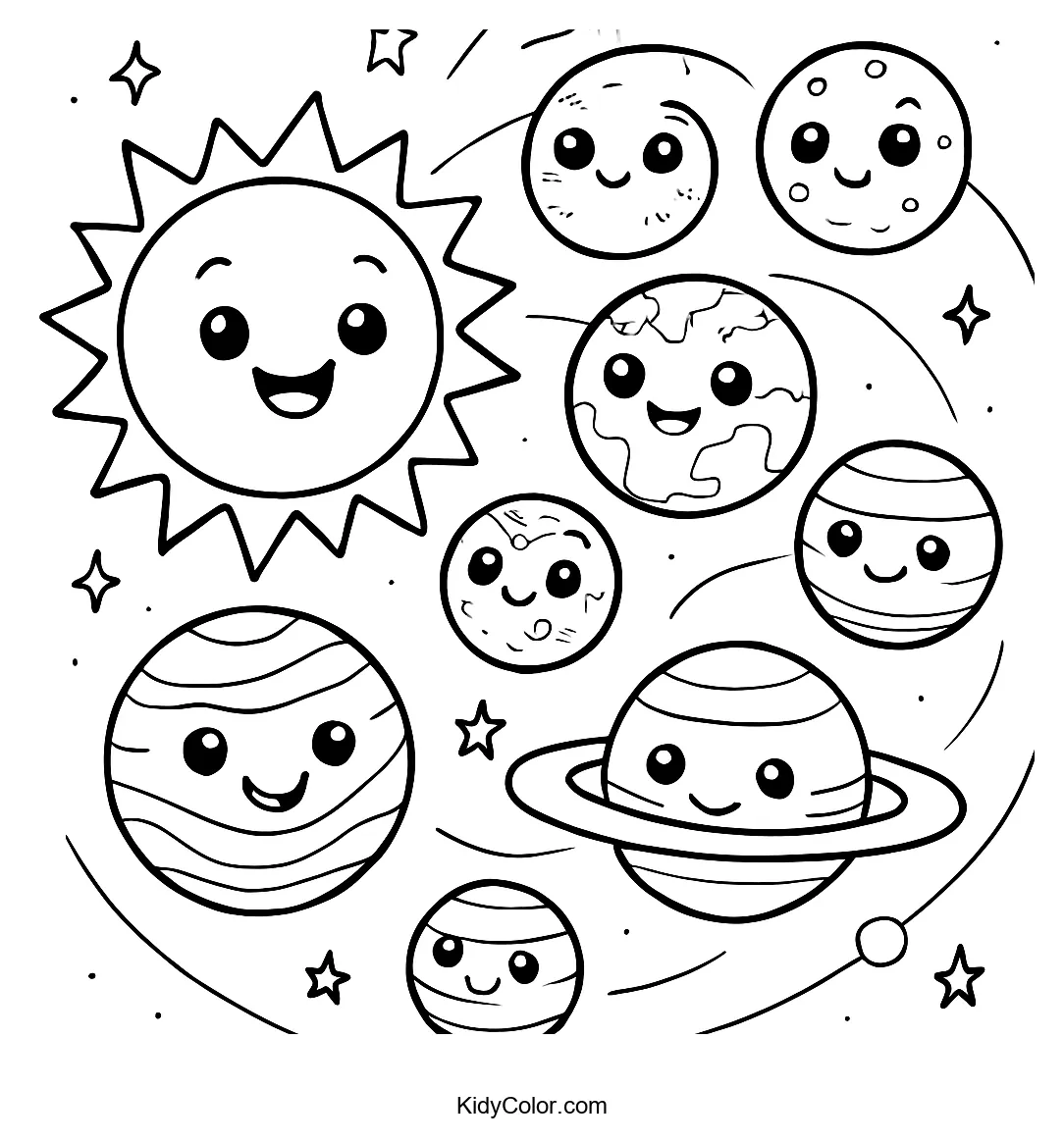 Cartoon solar system with planets for kids