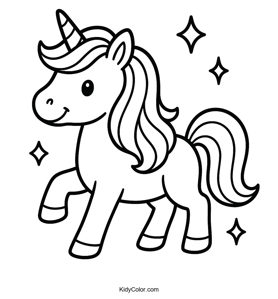 Cartoon unicorn with flowing mane and sparkles