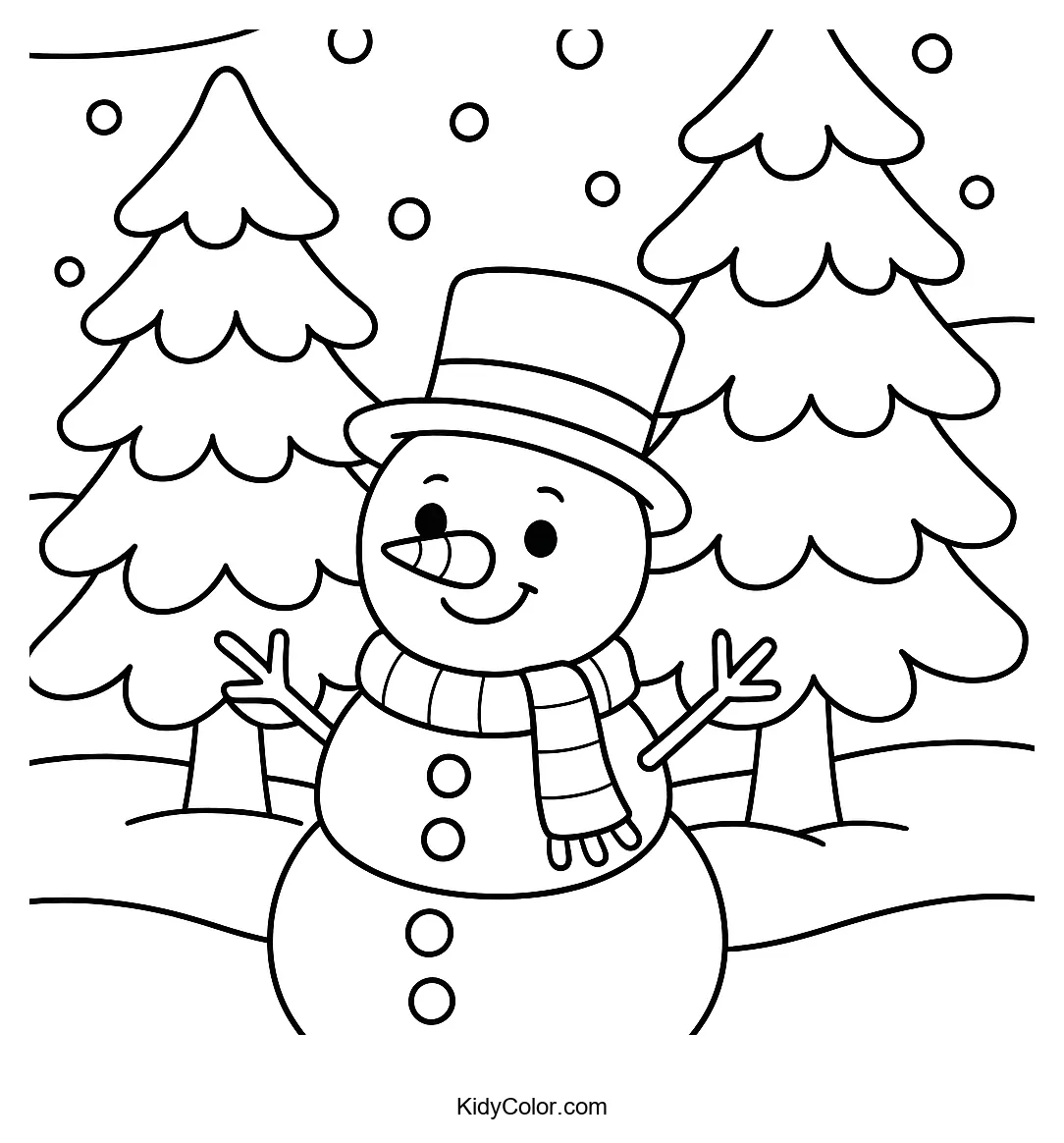 Snowman and snowy trees in winter scene