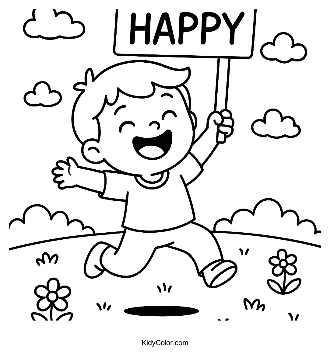 Child jumping with happy sign in meadow