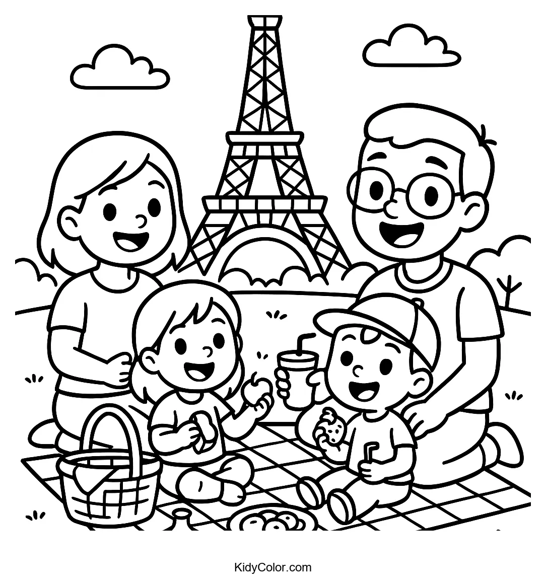 Family picnic with Eiffel Tower backdrop