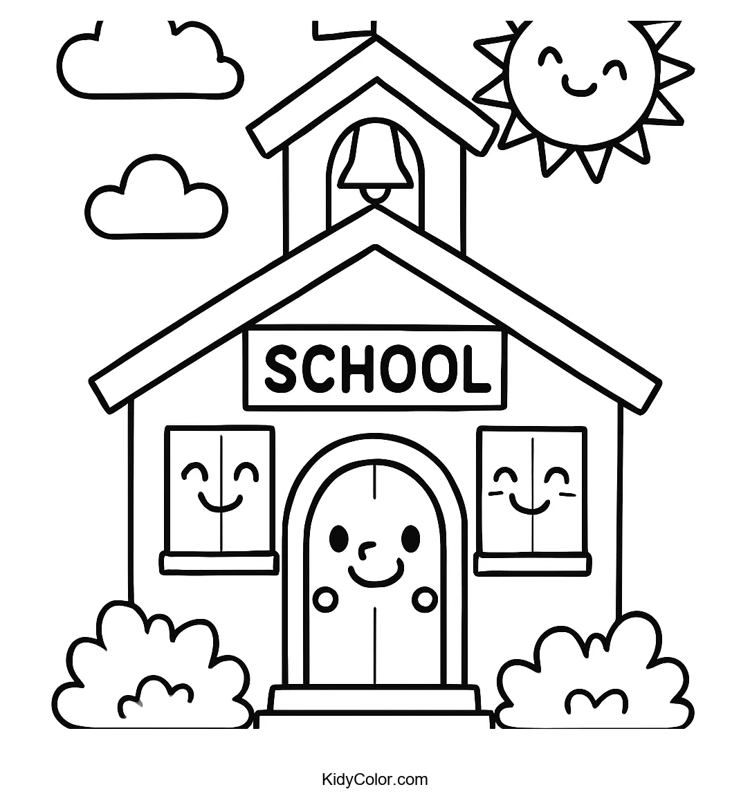 Cheerful schoolhouse with big red door