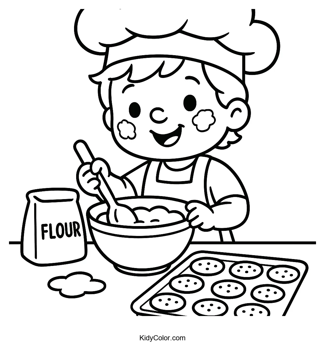 Child baking cookies with flour on face