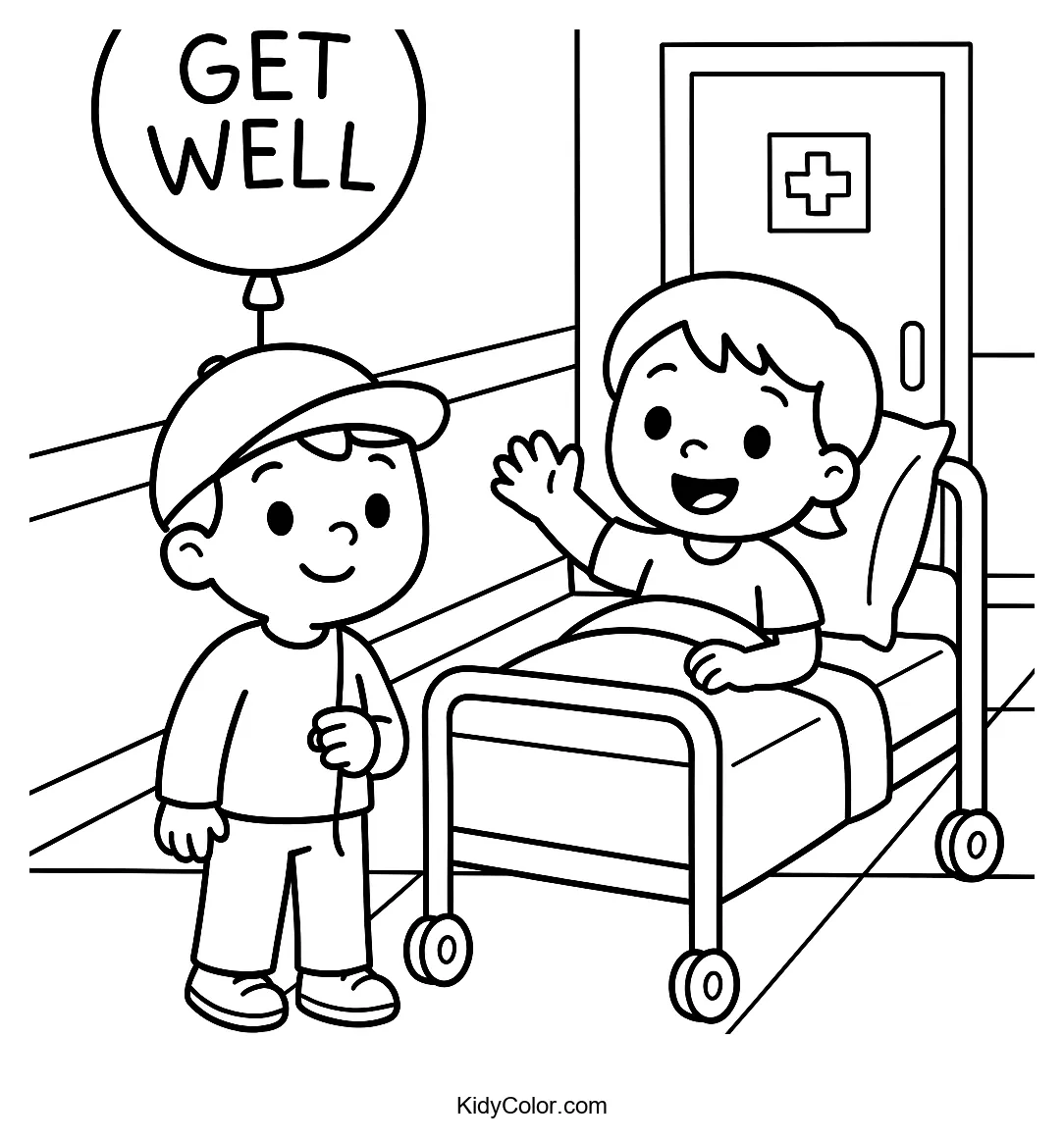 Child in hospital with get well balloon