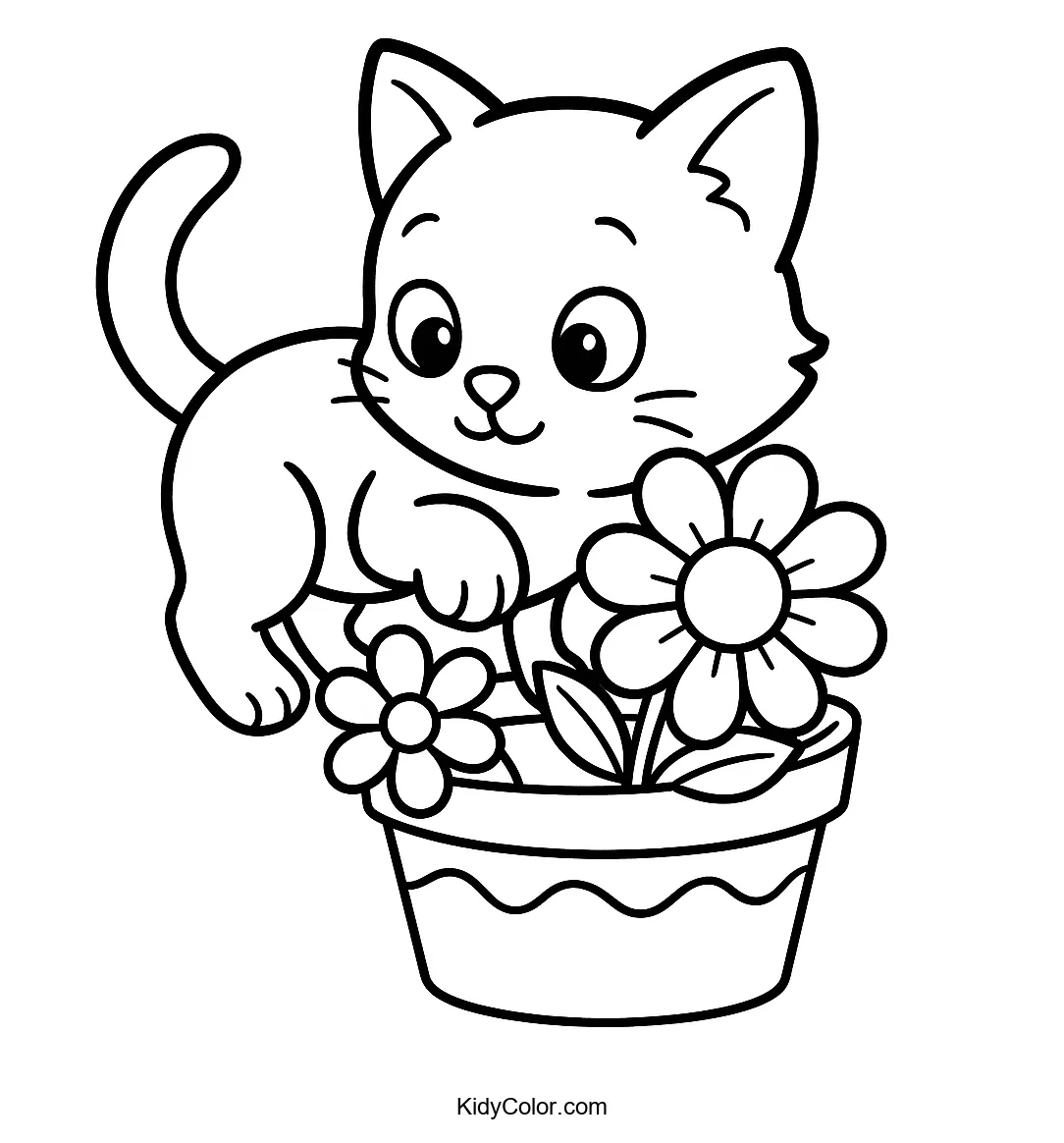 Kitten exploring a flower pot