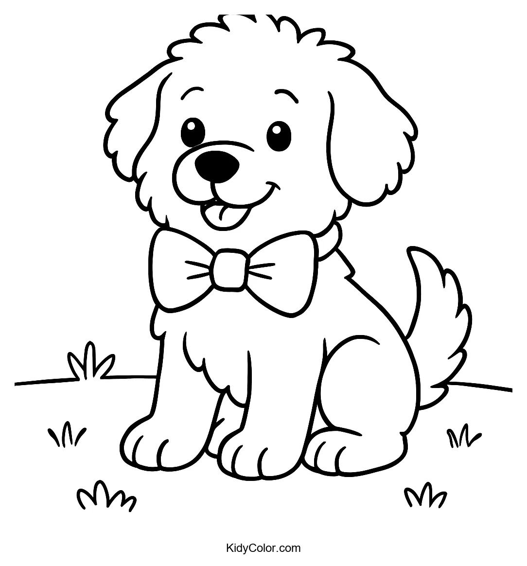 Fluffy puppy with bowtie on the lawn