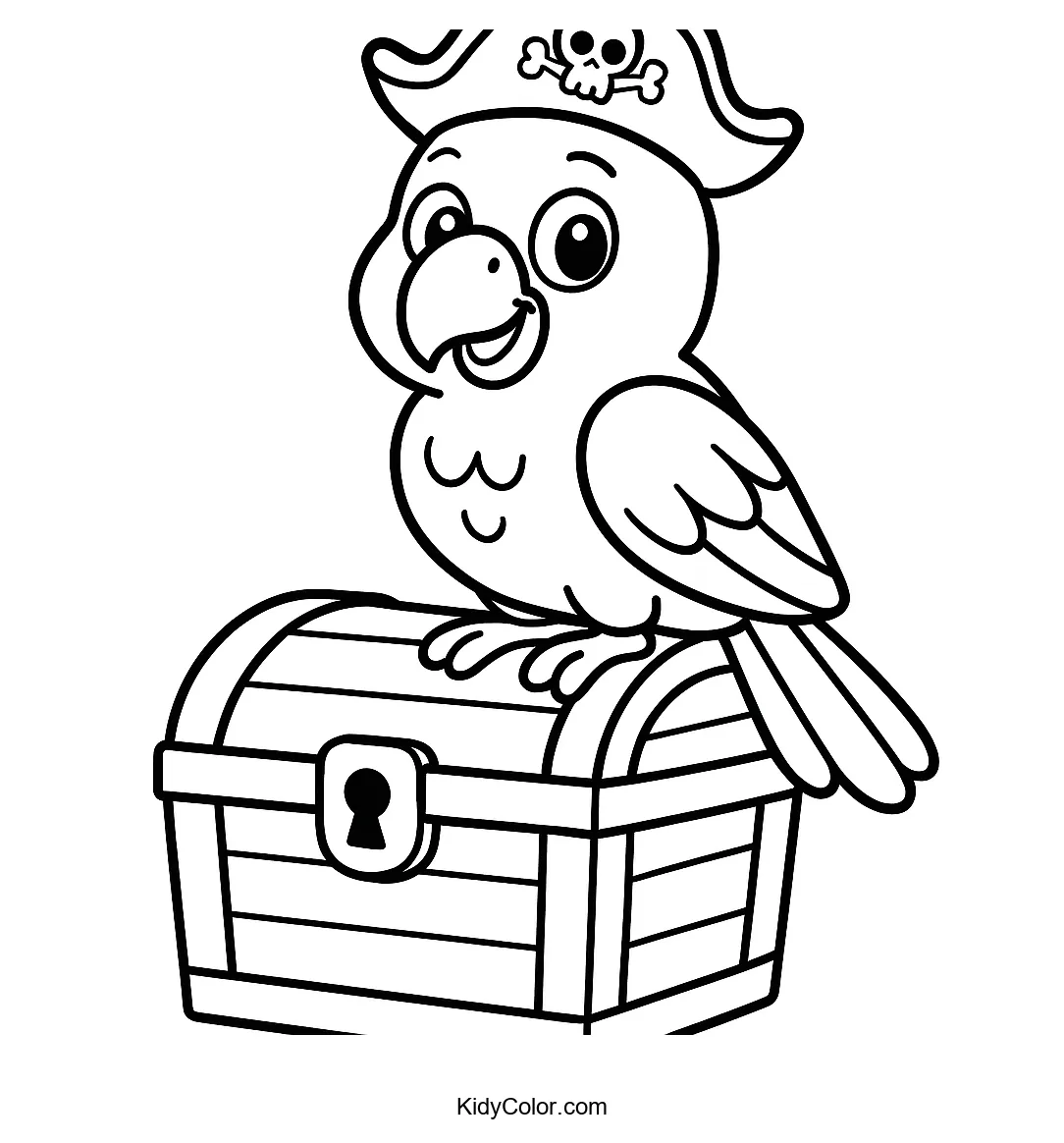 Parrot in pirate hat on treasure chest