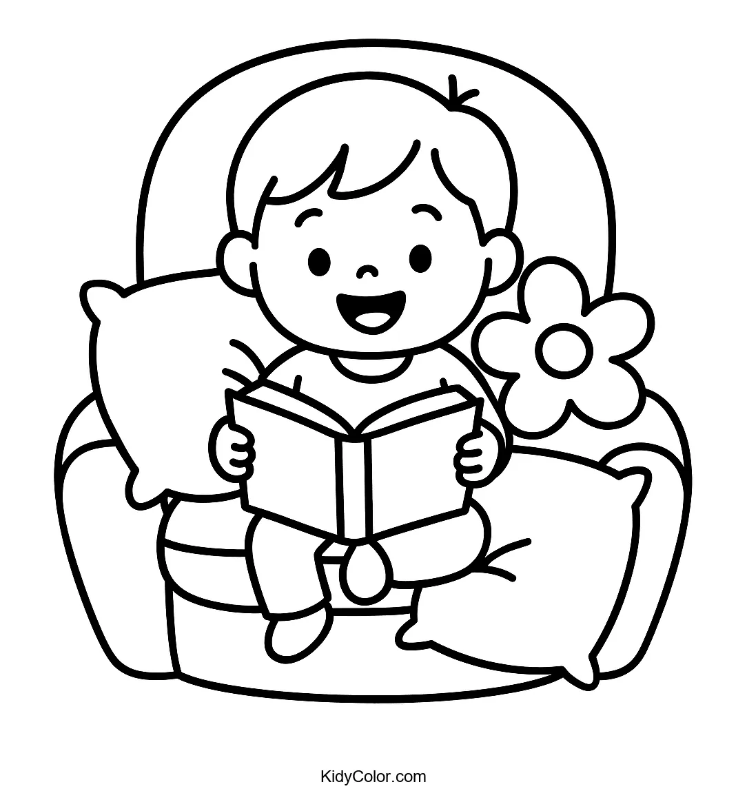 Child reading on a chair with cushions