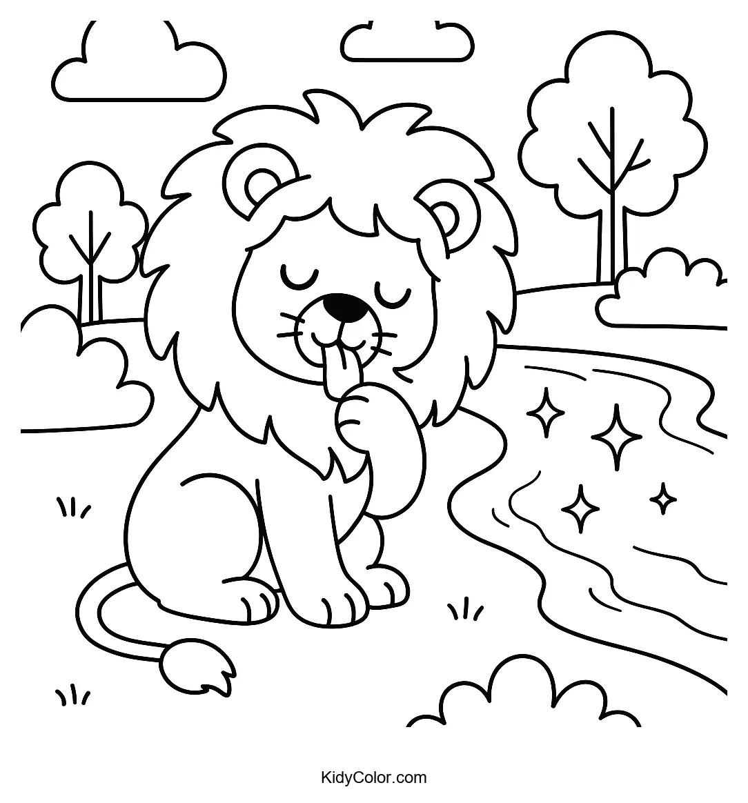 Lion grooming mane by riverbank