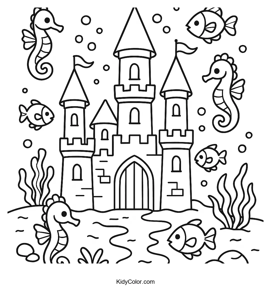 Underwater castle with seahorses and fish