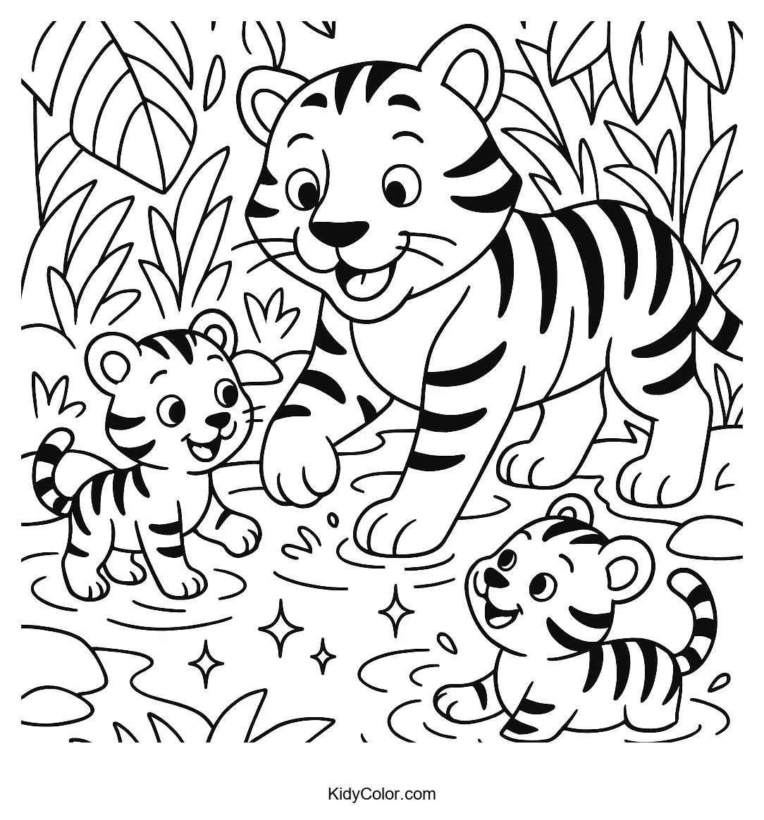 Tiger family playing in jungle stream