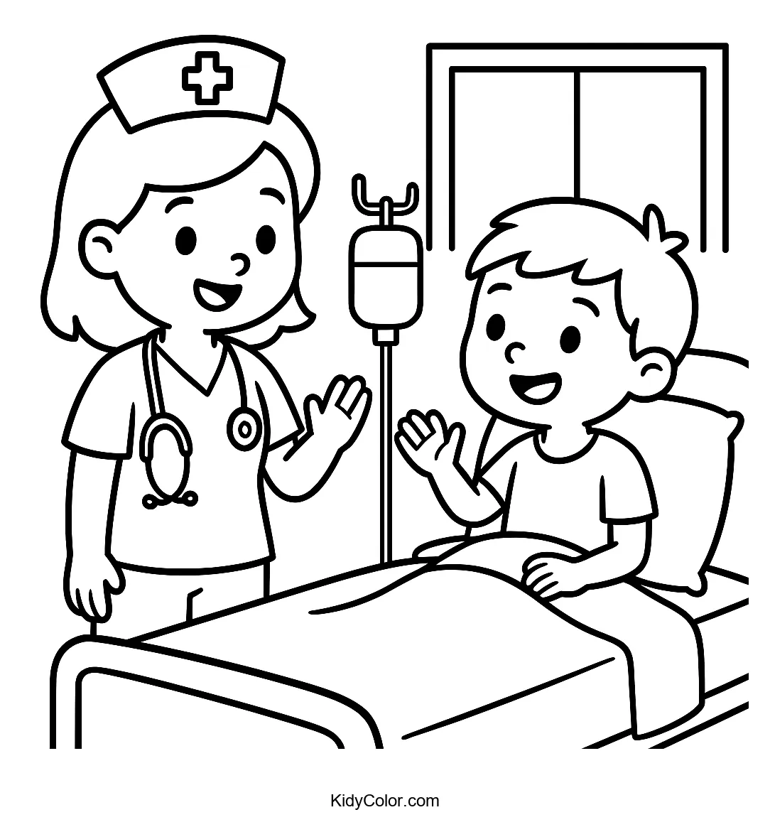 Nurse talking to child in hospital