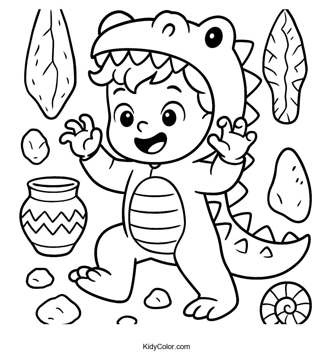 Child pretending as dinosaur with tools
