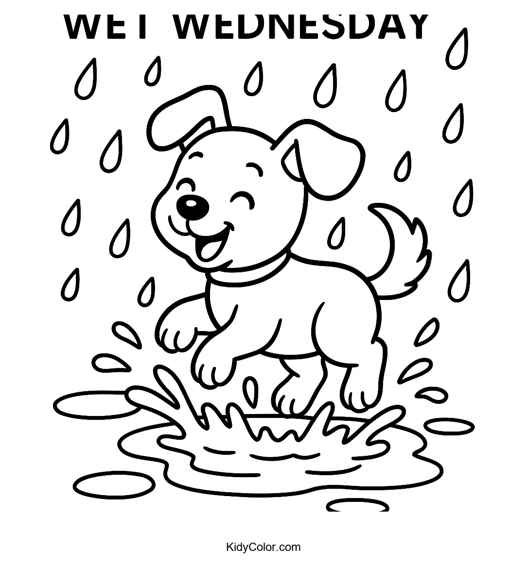 Puppy splashing in puddles on a rainy day