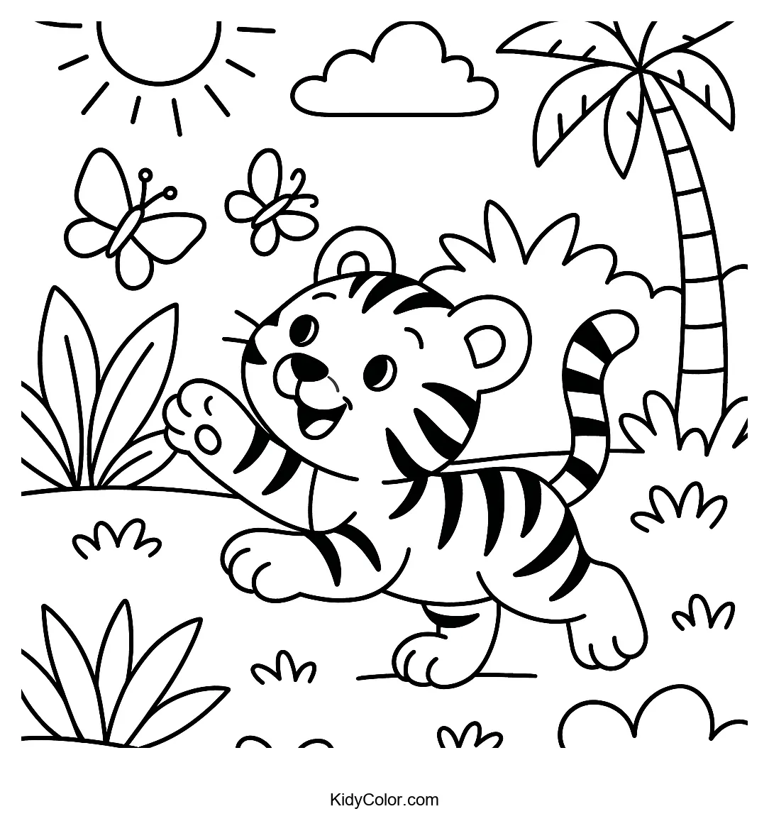 Tiger cub with butterflies in jungle
