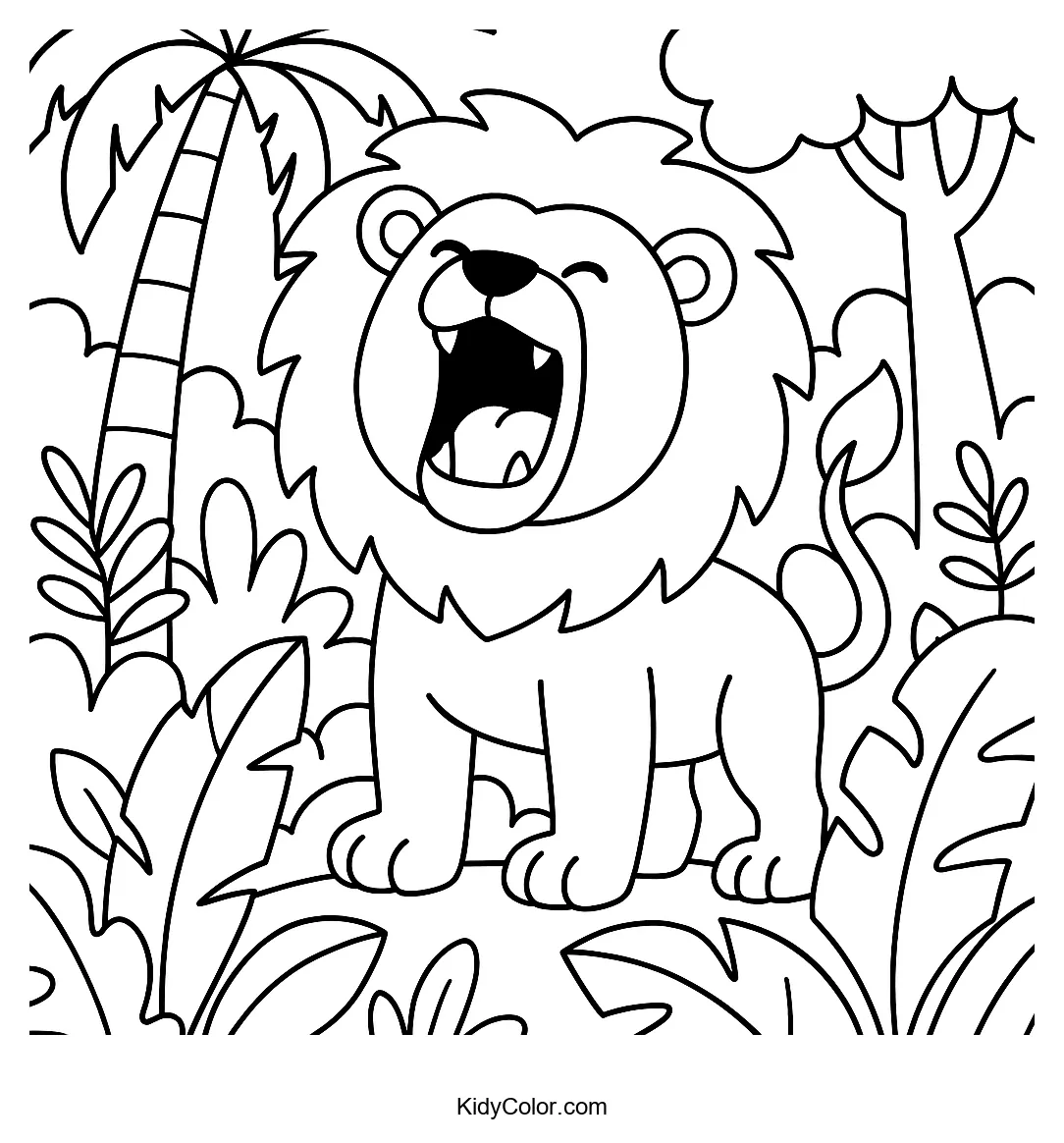 Roaring lion in a jungle setting