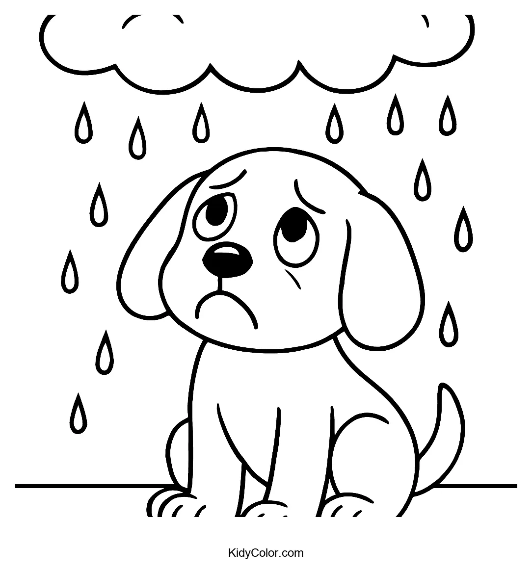 Sad puppy under rainy sky for coloring