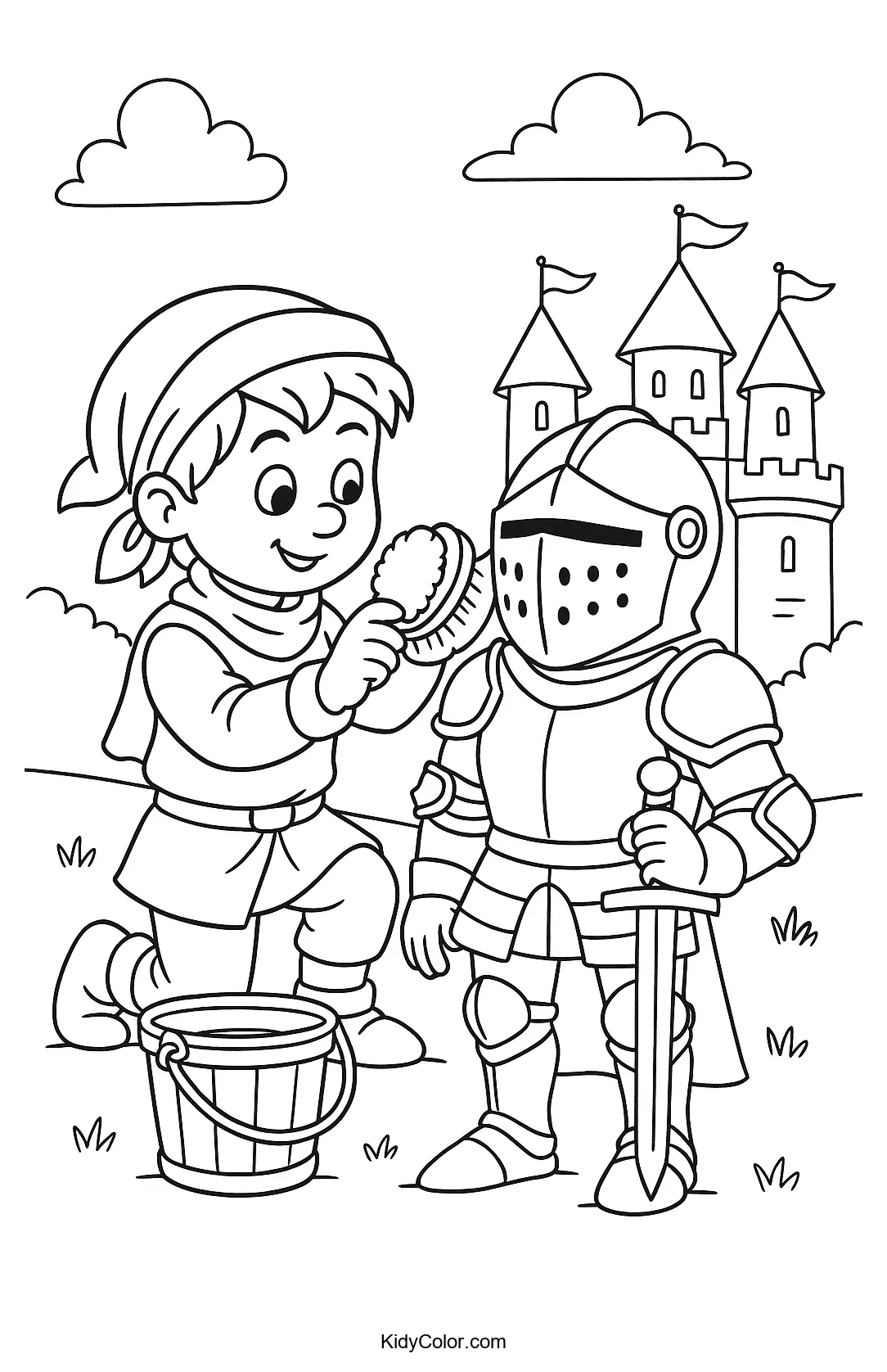 Young squire polishing armour coloring page