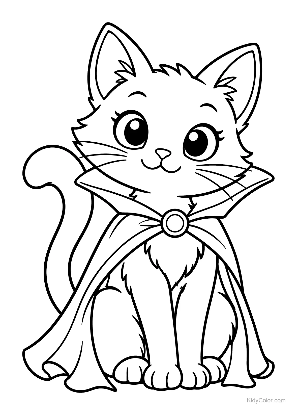 Gato fofo com olhos grandes usando uma capa de vampiro.