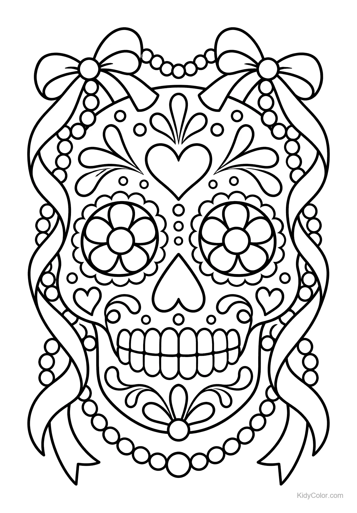 A black-and-white sugar skull with flowers, hearts, beads, and bows.