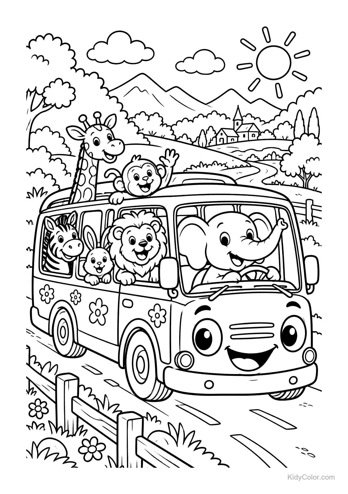 Smiling elephant drives a bus with a lion, giraffe, and zebra across a countryside road.