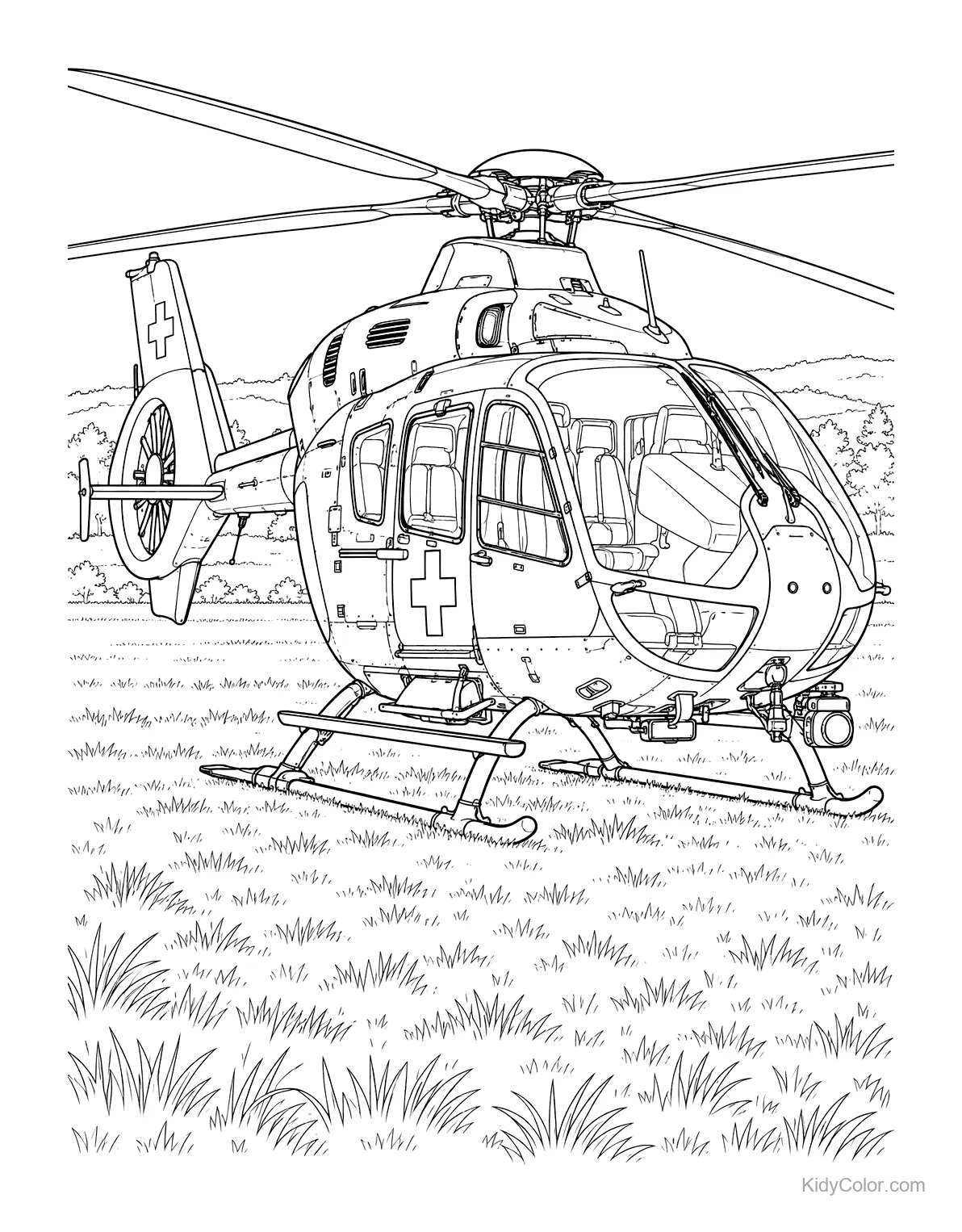 An air ambulance helicopter landing in a grassy field with trees in the background.