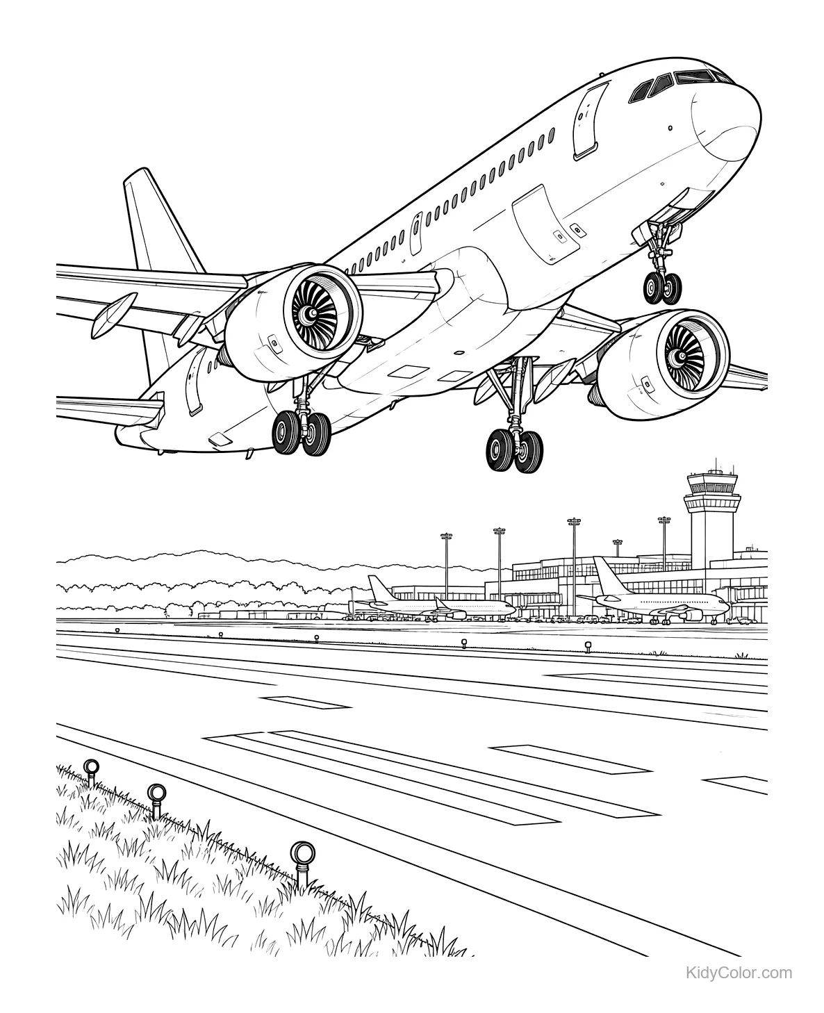 Airliner taking off over an airport runway with control tower in the background.