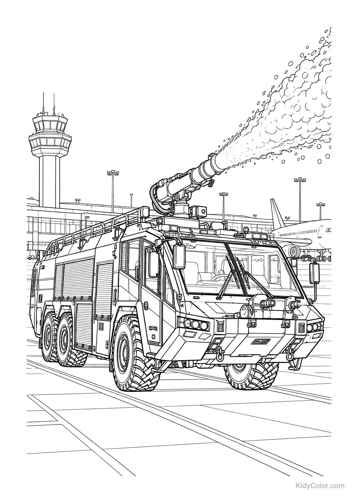 Airport fire truck spraying foam near a control tower.