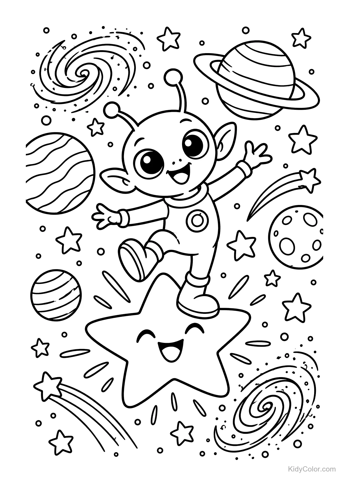 Alien with antennae dancing on a smiling star with planets and stars around.