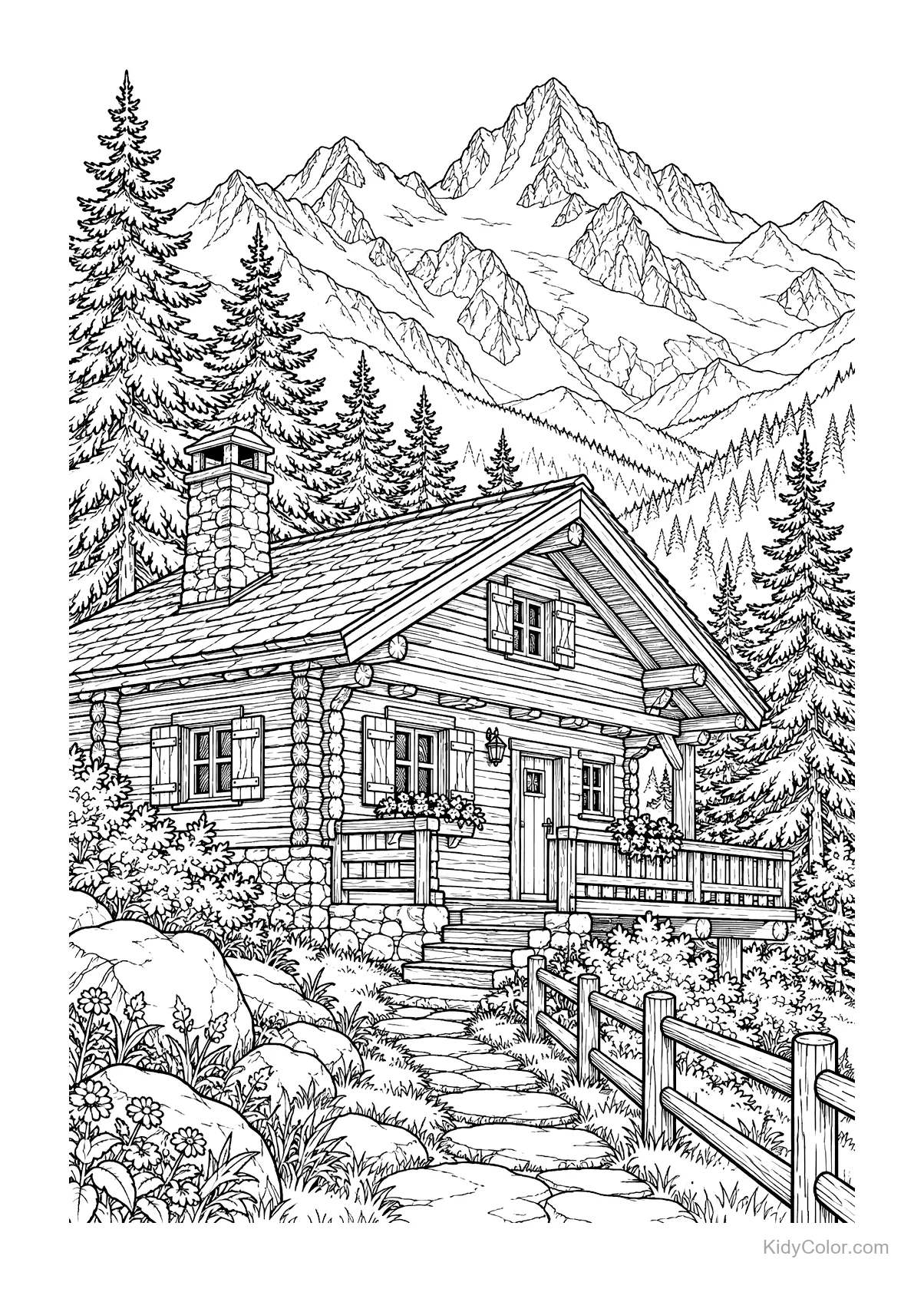 An alpine cabin with snowy mountains and tall pine trees.