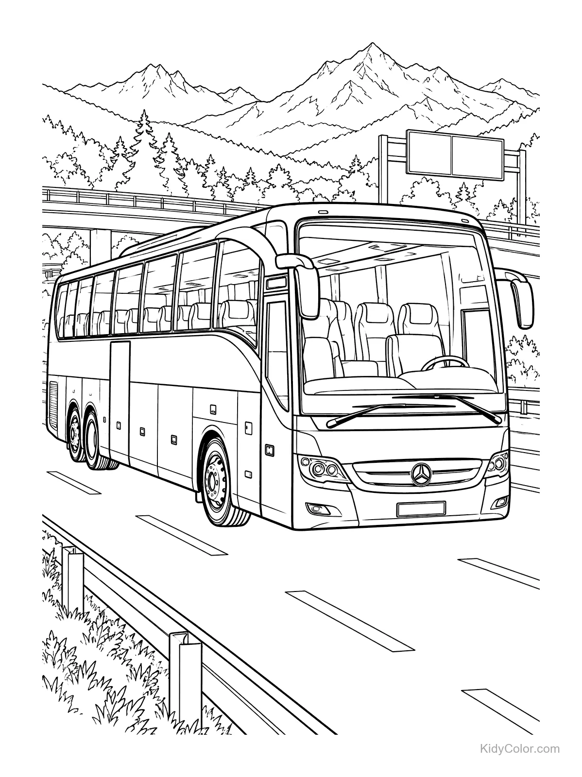 Coach bus on a motorway with mountains and trees in the background.