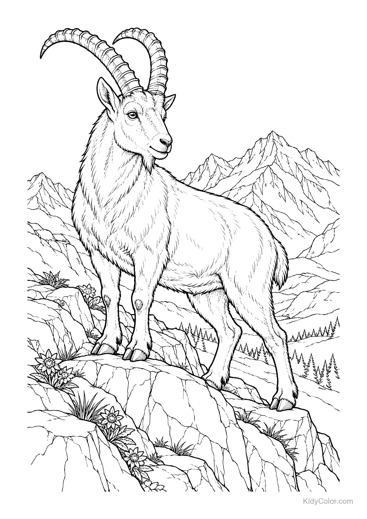 Alpine Ibex standing on rocky mountain with peaks in background.