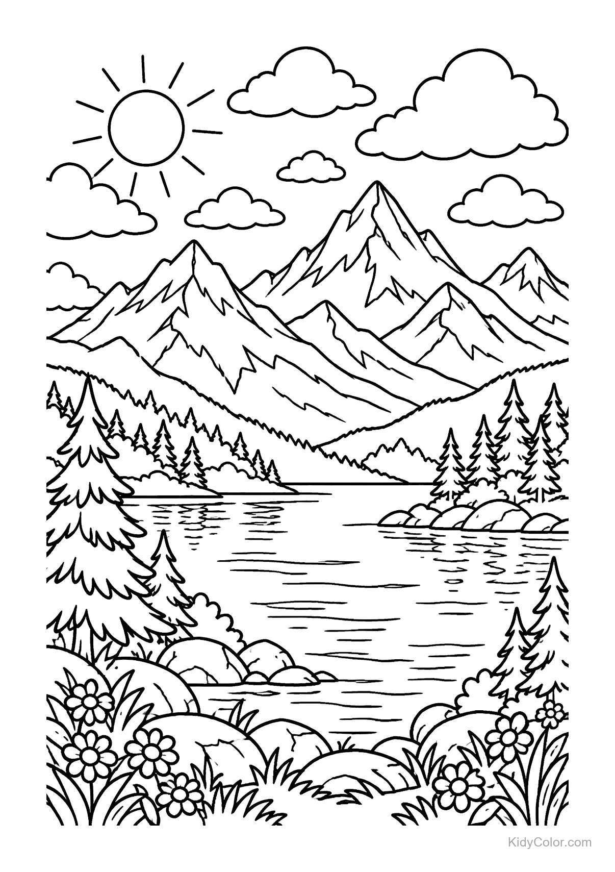 Alpine mountain lake with mountains, trees, flowers, and sun.
