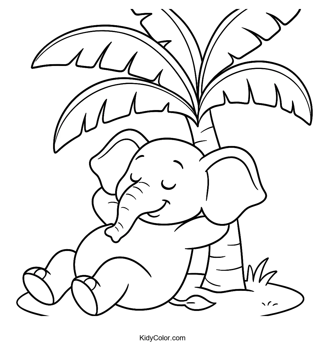 Elephant relaxing under banana tree