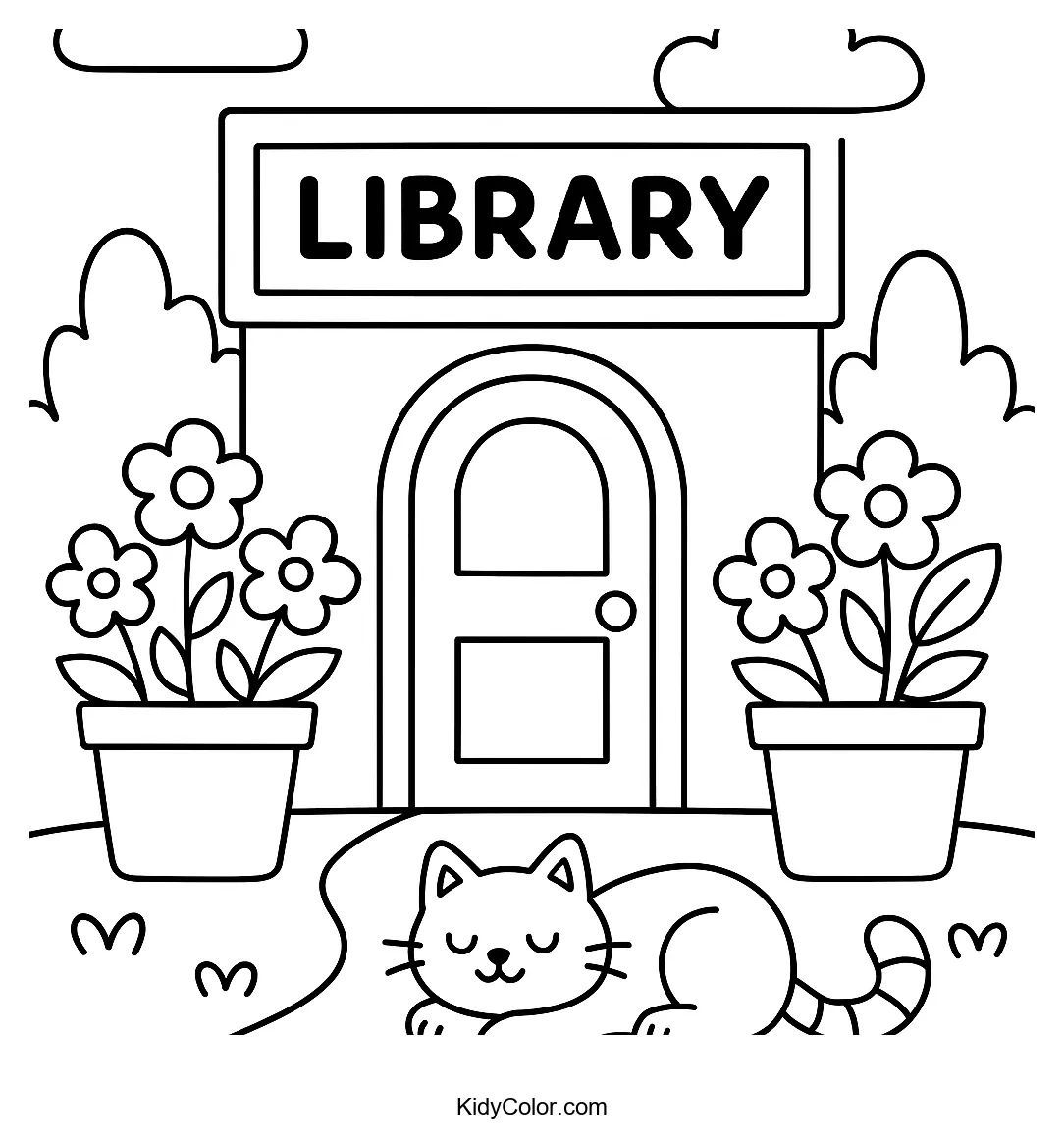Library entrance with cat and flower pots