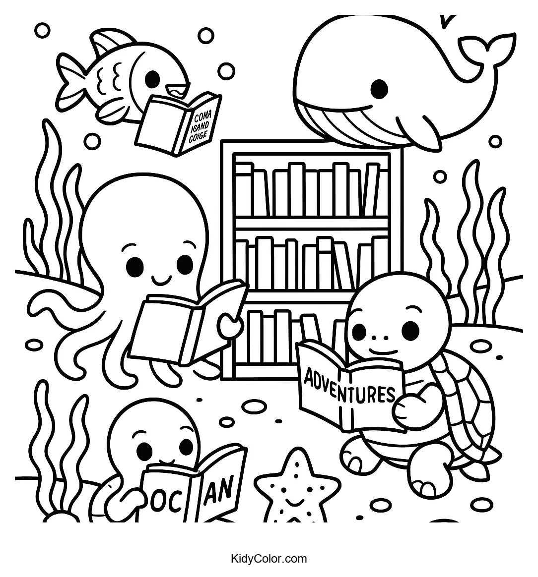 Underwater library with sea creatures reading