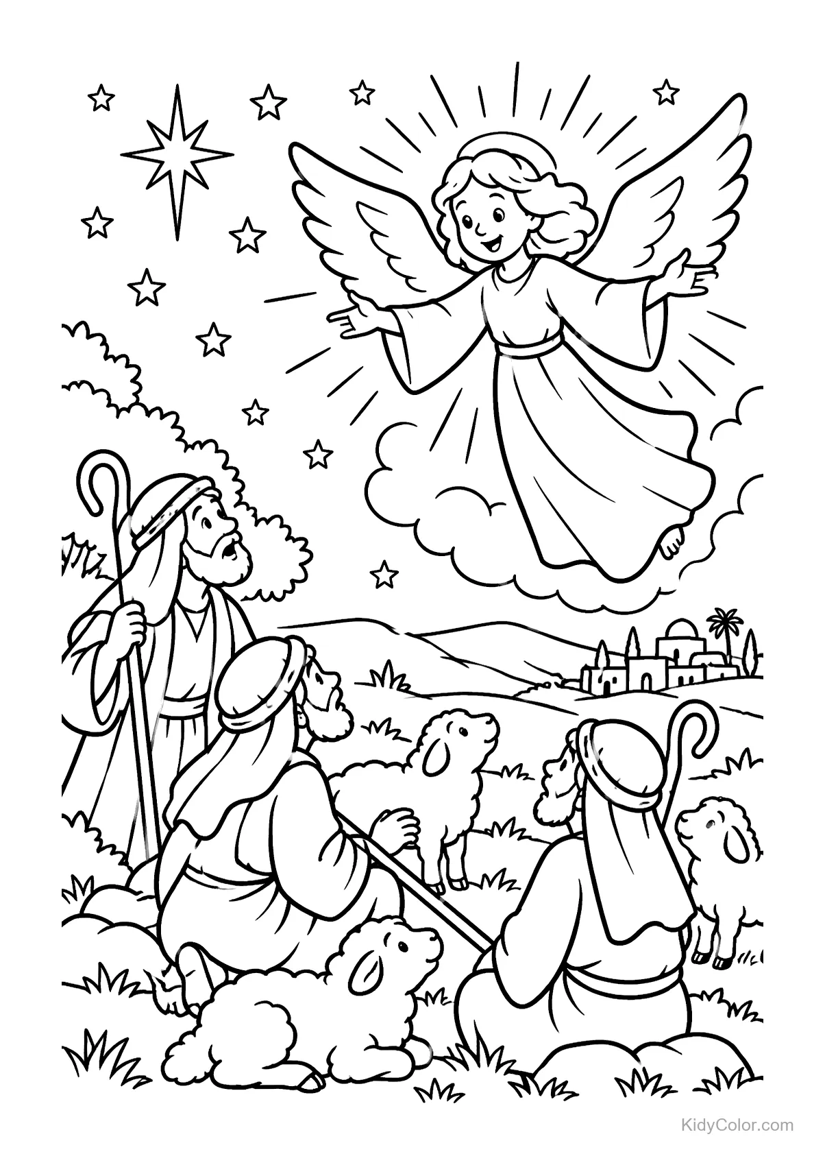 Angel with wings appears to shepherds in a field with sheep.