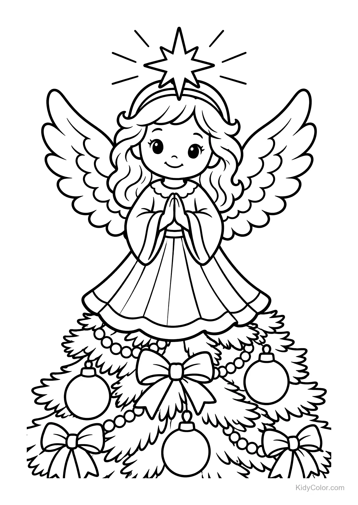 An angel with wings and a star halo stands on a Christmas tree.